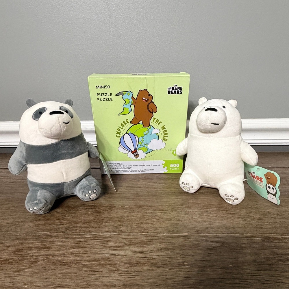 We Bare Bears Miniso Plush Panda and Ice Bear 7" Stuffed Toy & 500pc Puzzle Set